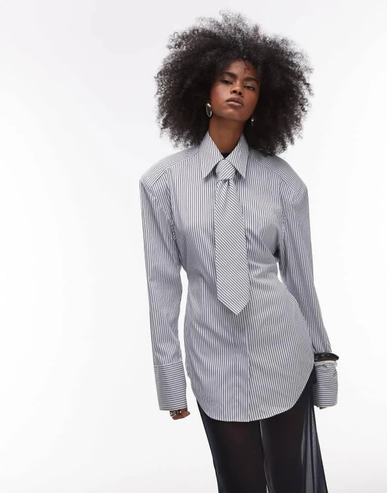 ASOS ASOS DESIGN oversized cinch waist shirt with tie in black pinstripe 1