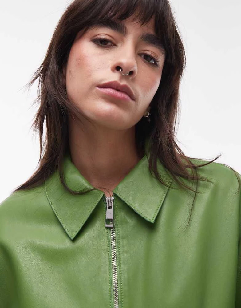 Topshop Topshop premium real leather jacket in green 2