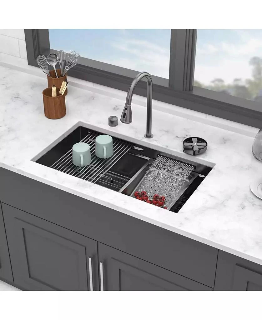 Flynama 33x16.72x10inch Undermount Gunmetal Black Waterfall Kitchen Sink Stainless Steel Workstation 2