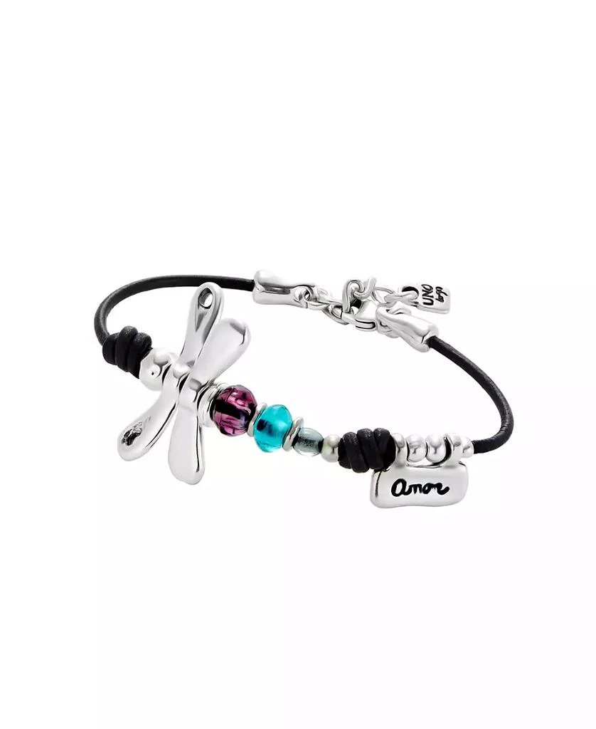 UNOde50 Leather Bracelet featuring a Dragonfly Plated in Sterling Silver and Multicolored Crystals