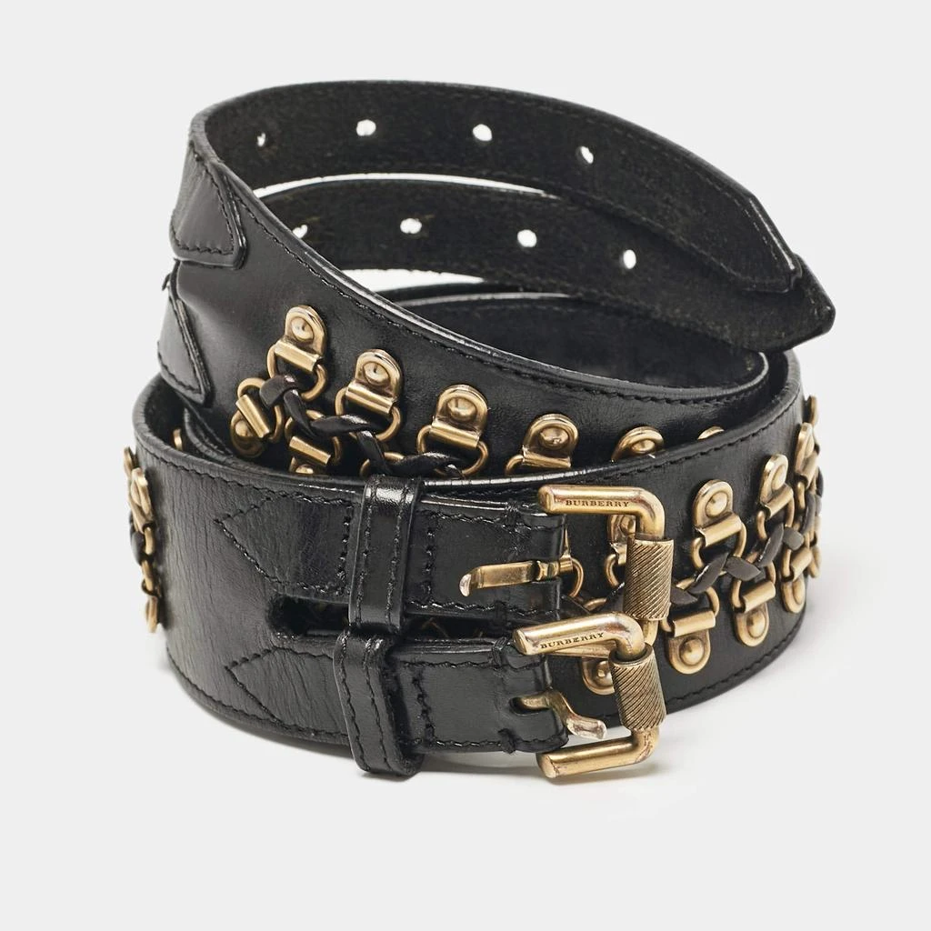 Shop Burberry Black Leather Studded Double Buckle Wide Belt  display picture 1