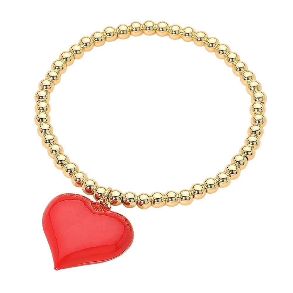 FASHNZFAB Glossy Heart Pendant Stainless Steel Beaded Stretch Bracelet 2