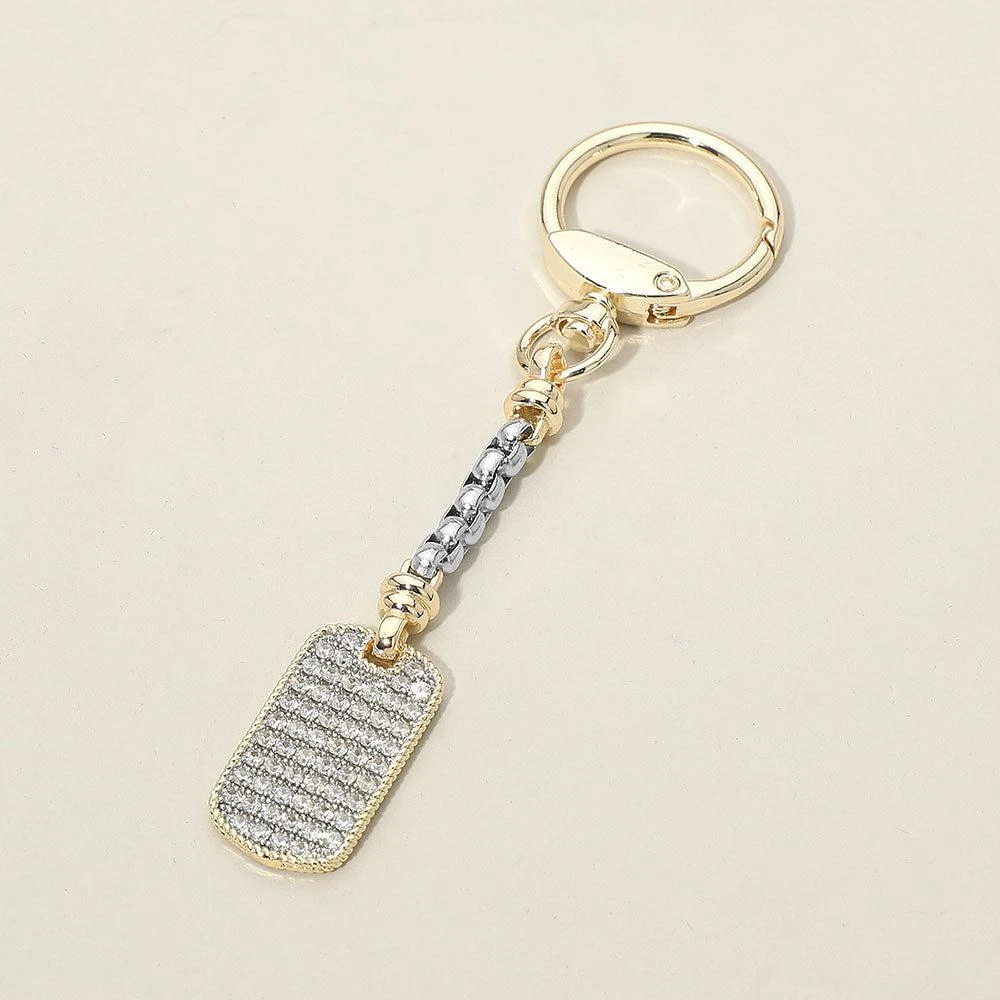 FASHNZFAB 14K Gold Plated Two Tone CZ Stone Paved Dog Tag Charm Drop Keychain Bag Charm