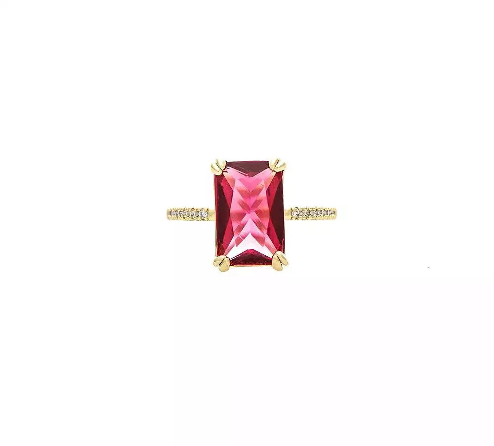 Rivka Friedman Rubelite CZ Solitaire Ring with Pave Band