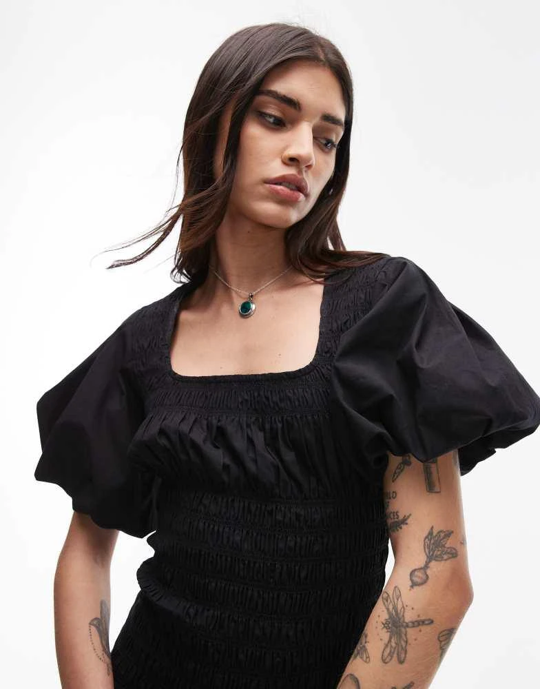 Topshop Topshop puff sleeve square neck shirred midi dress in black 2