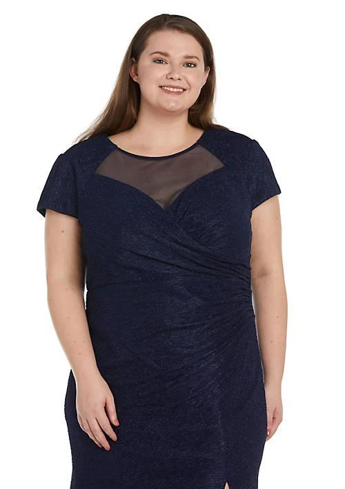 Nightway Long Cap Sleeve Sweetheart Neck Draped Glitter Knit W Mesh Bodice And Back W Front Side Slit 1