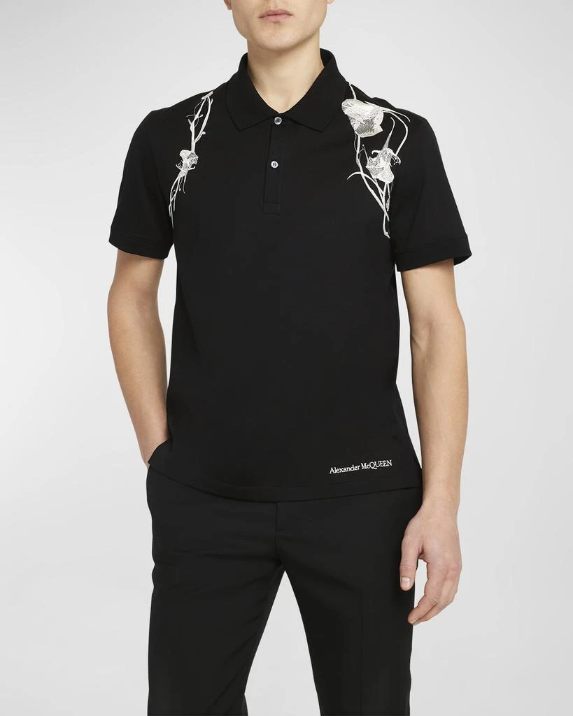 Alexander McQueen Men's Floral Embroidered Pique Polo Shirt 6