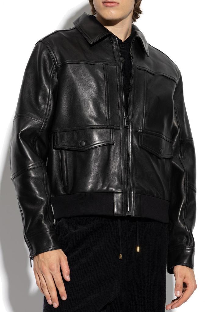 Shop Balmain Classic Collared Zipped Leather Jacket on Sale at
