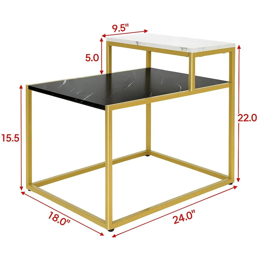 Hivvago Elegant Dual-Shelf End Table with Metal Structure and Marble-Look Top 3