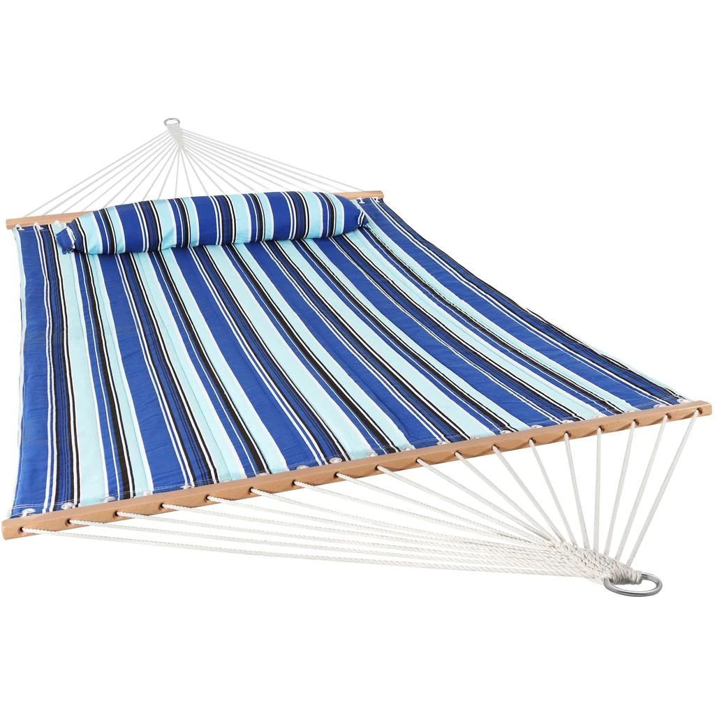 Sunnydaze Outdoor 2-Person Double Polyester Quilted Hammock with Wood Spreader Bar and Matte Blue Steel Multi-Use Stand - Catalina Beach 5