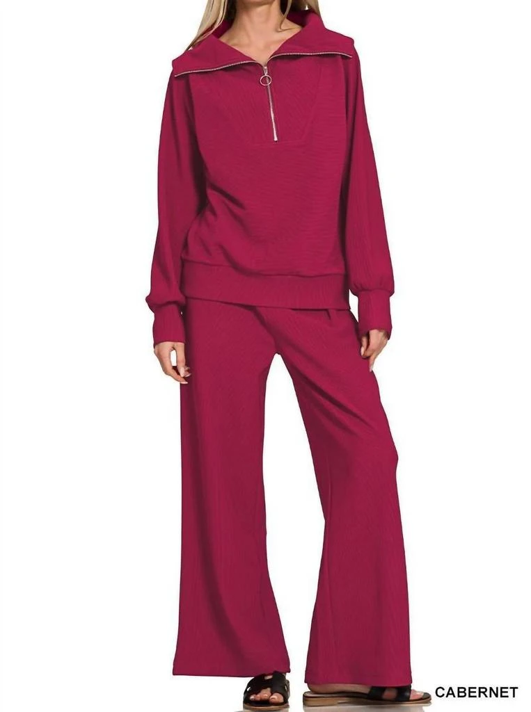 ZENANA Ribbed High Neck Half Zip Pullover 
Pants Set In Cabernet
