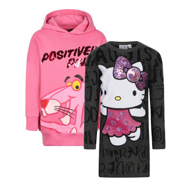 Desigual Hello kitty and pink panther sequin hoodie sweater dress set in grey and pink