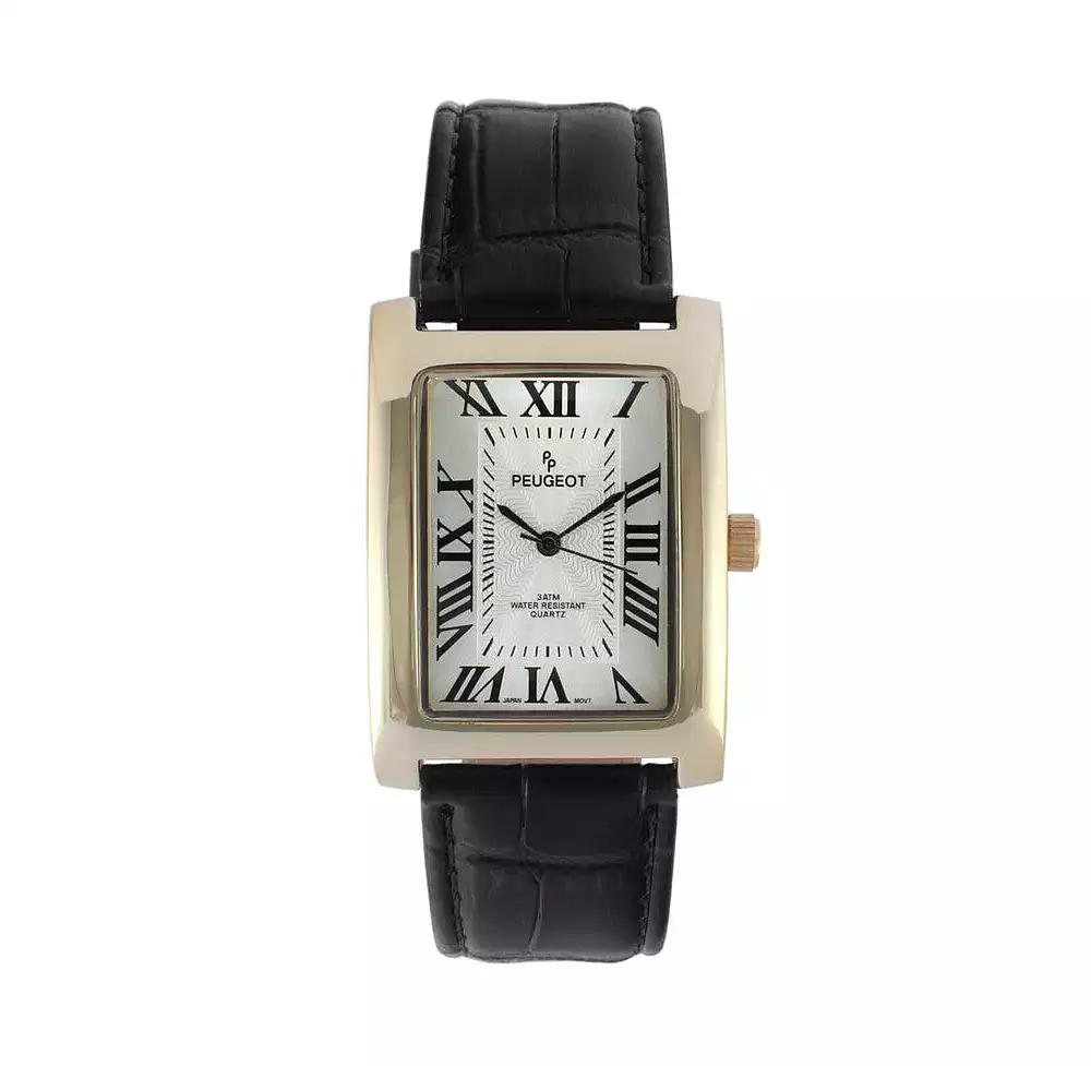 Peugeot Men's 43x30 mm Black Vintage Like Tank Leather Strap Watch