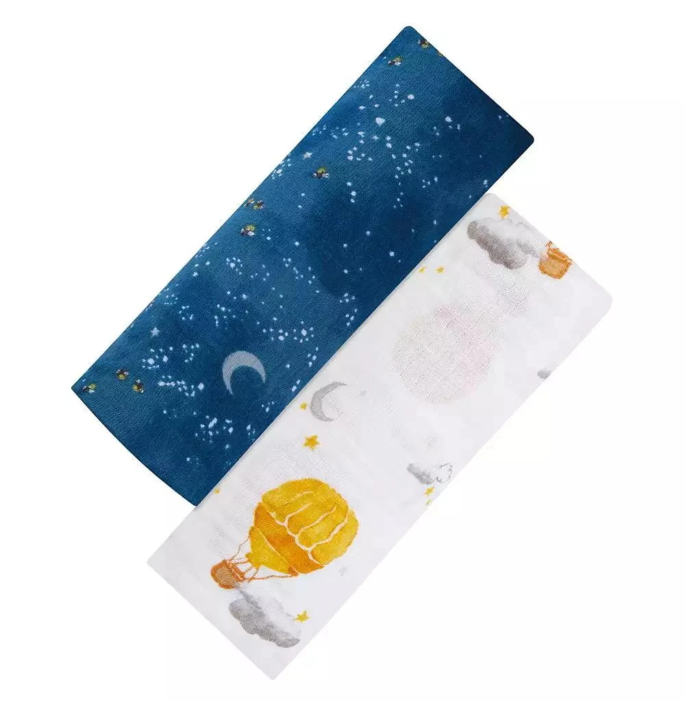 Malabar Baby Baby GOTS Certified Organic Muslin Swaddle - Two-Pack Gift Set, Fly Me To The Moon (Hot Air Balloon + Starry Night)