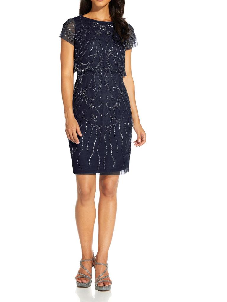 Adrianna Papell Womens Beaded Midi Cocktail and Party Dress