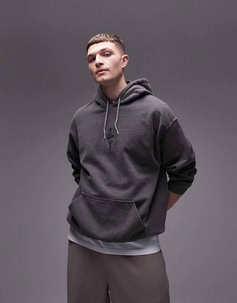 Topman Topman oversized fit hoodie with dagger tattoo embroidery in washed black