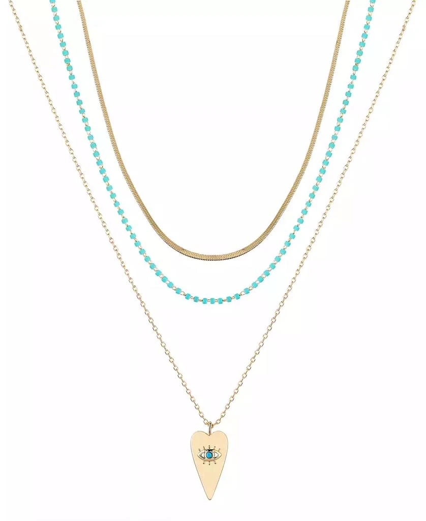 Unwritten 14k Gold Flash Plated Reconstituted Turquoise Stone and Evil Eye Heart Layered Pendant Necklaces, 3 Piece Set 1