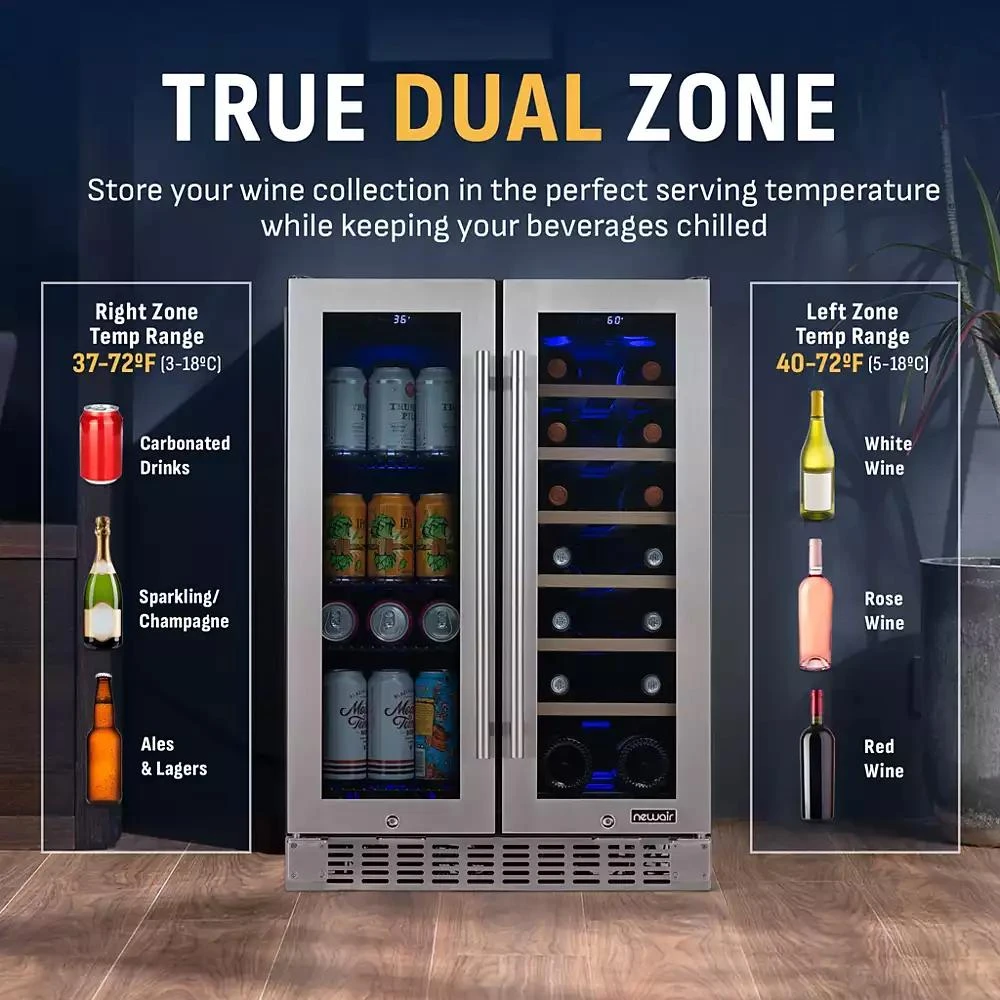 Newair 24 Inch Premium Built-in Dual Zone 20 Bottle and 60 Can French Door Wine and Beverage Fridge in Stainless Steel with SplitShelf 2