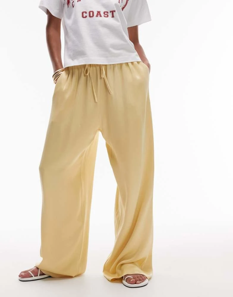 Topshop Topshop satin tie waist wide leg trouser in buttermilk 4