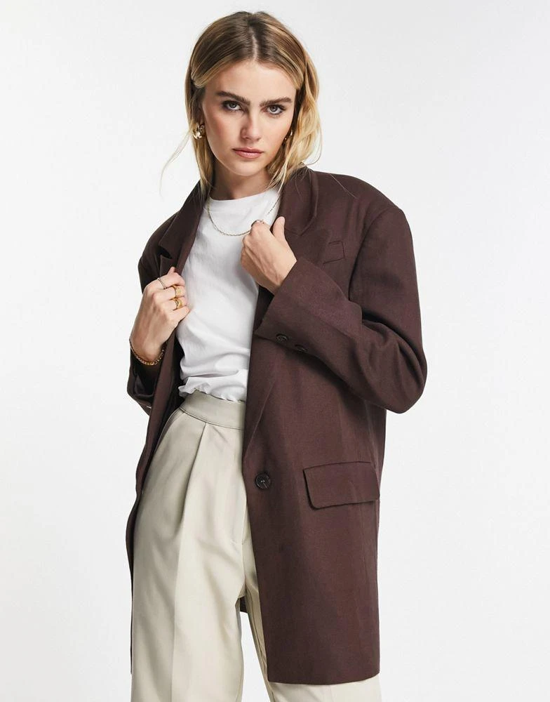 Topshop Topshop relaxed oversized single breasted blazer in chocolate brown 1