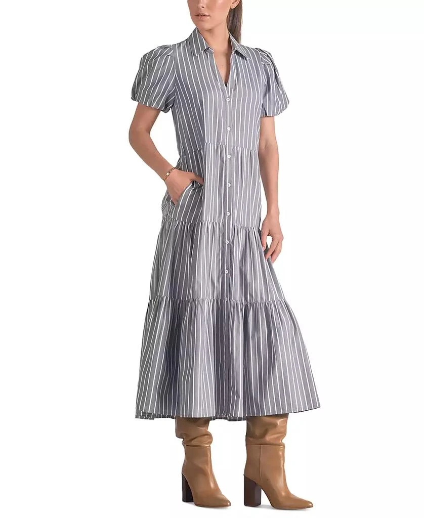 Elan Women's Poplin Striped Button-Front Puff-Sleeve Dress 5