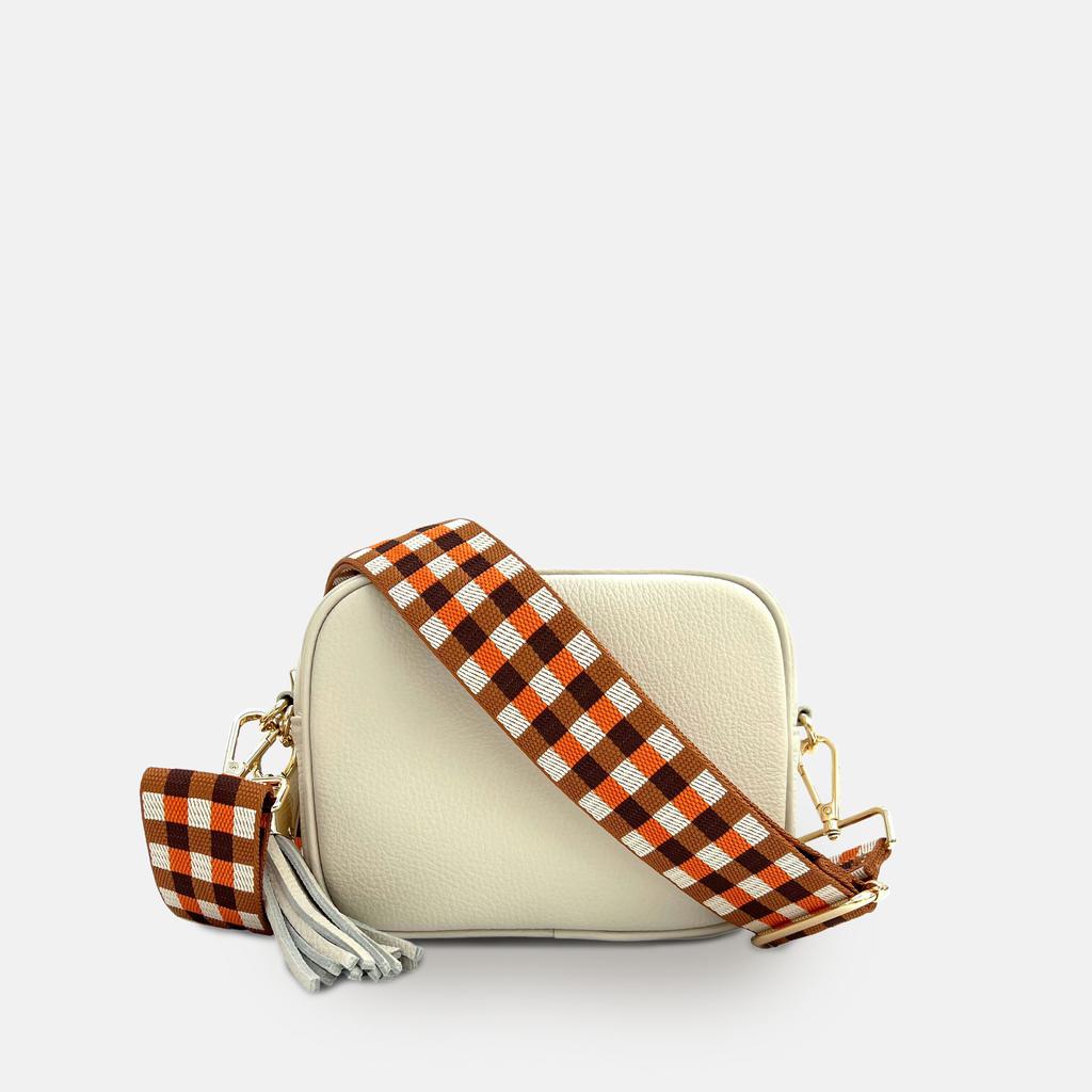 Apatchy London Stone Leather Crossbody Bag With Orange & Tan Checks Strap