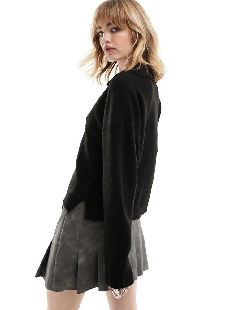 Monki Monki long sleeve collar polo knitted sweater in black 4