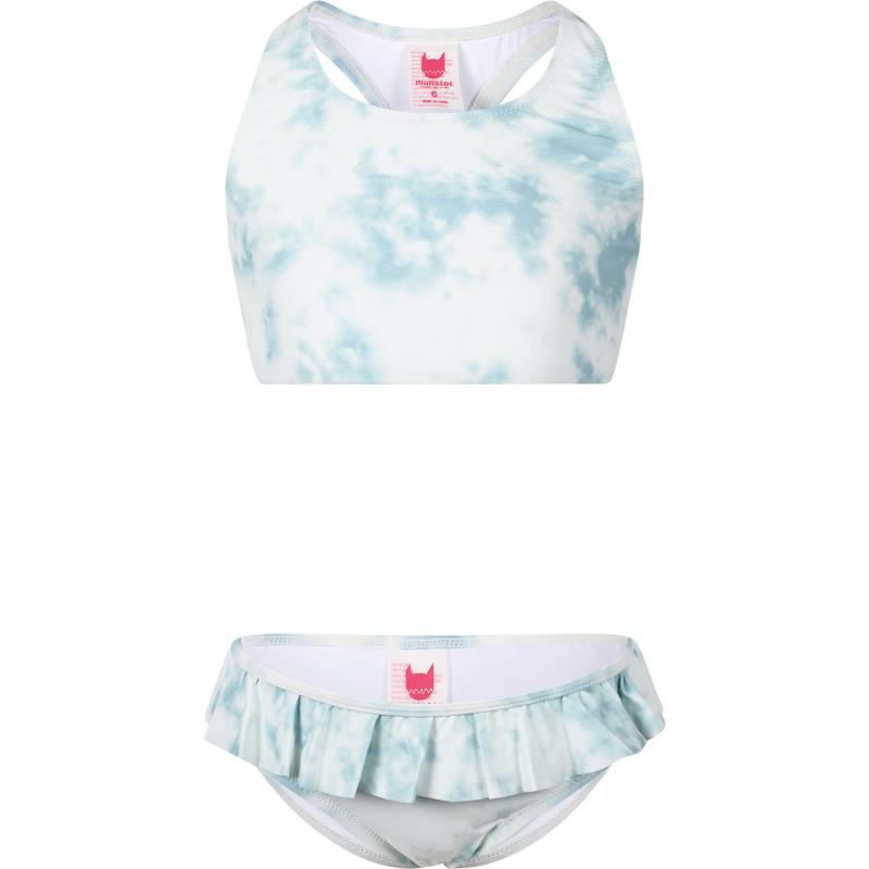 Munster Tie dye ruffled bikini and shorts set in blue and white