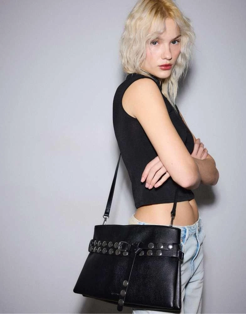 Stradivarius Stradivarius Studded belt cross-body bag in black 2