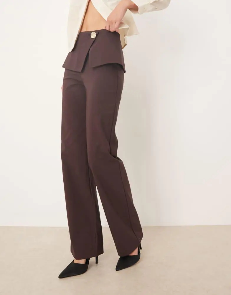 ASOS ASOS DESIGN Tall tailored fold over gold button straight leg trousers in mulberry 3