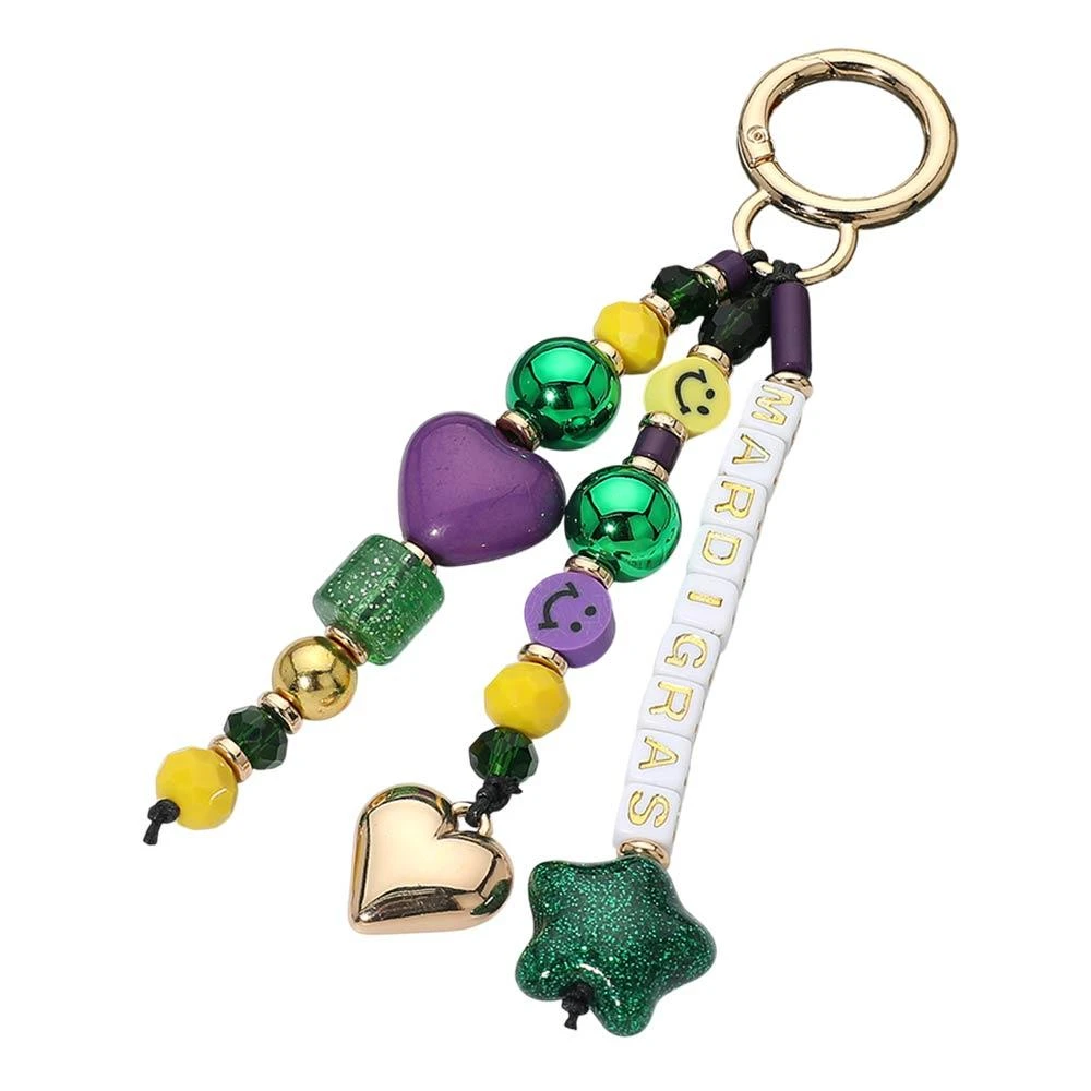 FASHNZFAB Mardi Gras Heart Star Charm Beaded Drop Keychain Bag Charm 2