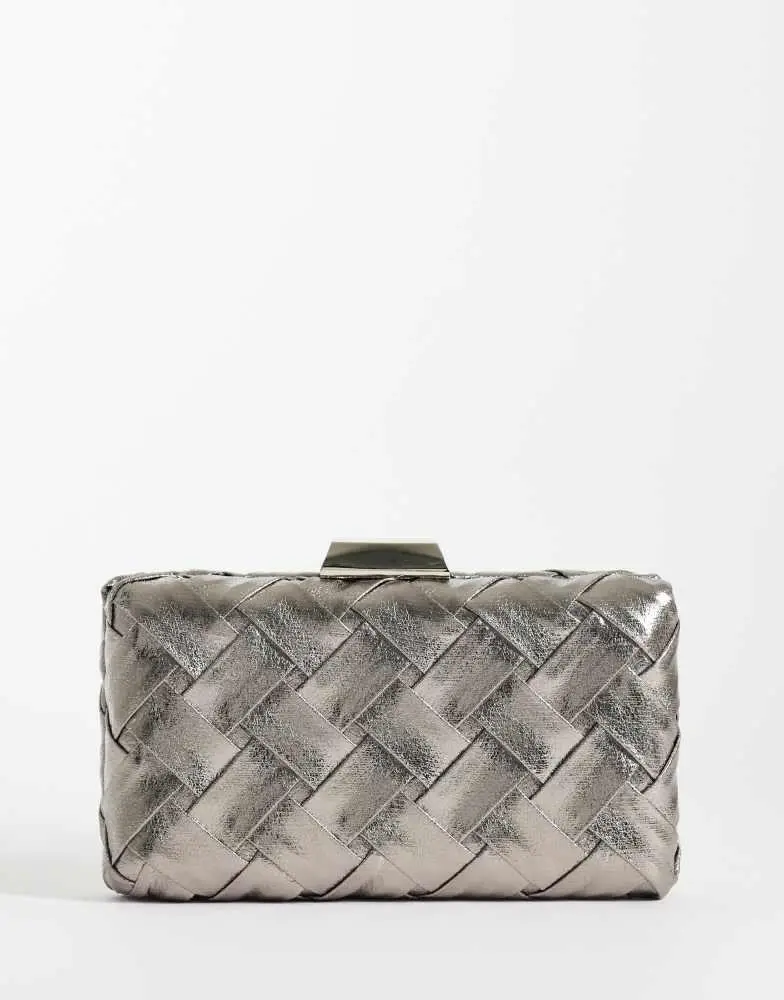True Decadence True Decadence structured woven clutch bag in silver metallic