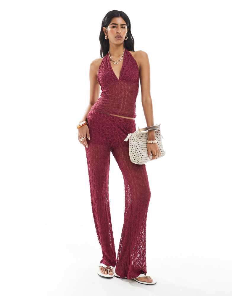 Pull&Bear Pull&Bear lace halterneck top co-ord in burgundy