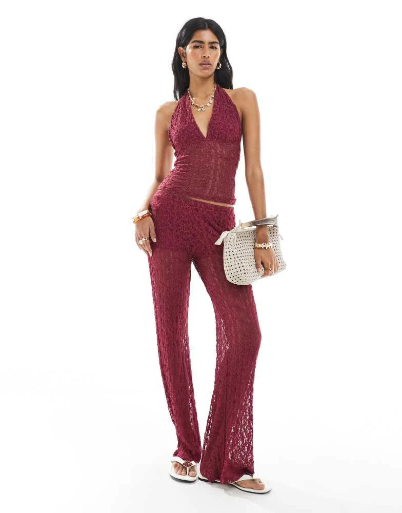Pull&Bear Pull&Bear lace halterneck top co-ord in burgundy 2