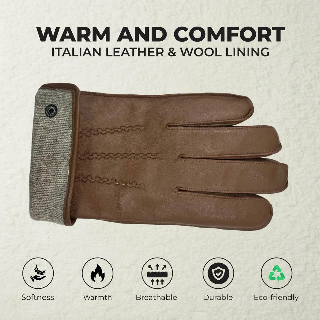 Infinity Leather Men’s Tan Brown Italian Leather Warm Wool-Lined Winter Bike Riding Driving Casual Gloves 3