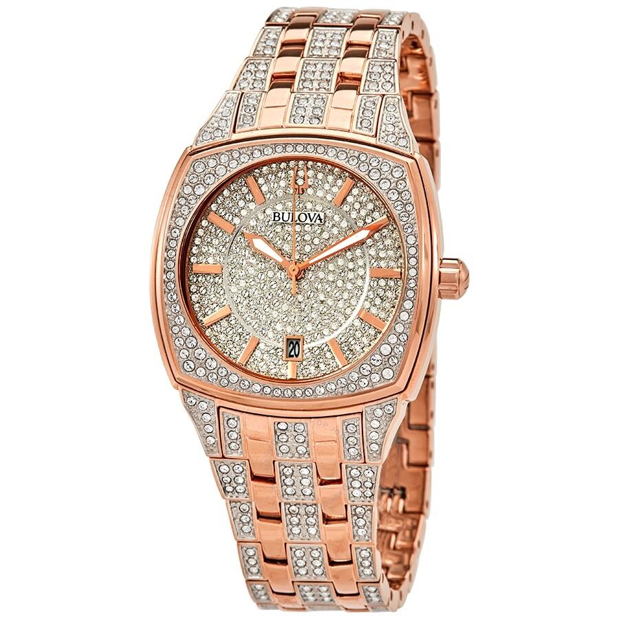 Bulova Quartz Crystal Pave Dial Men's Watch 98B324