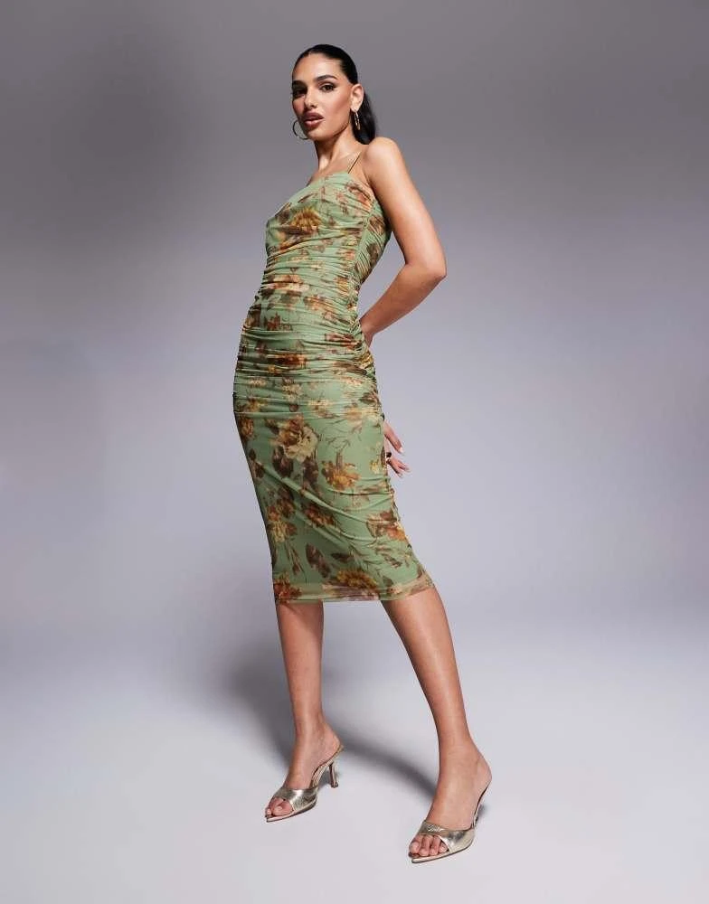 Lulu's Lulus ruched mesh midi dress in sage floral 3