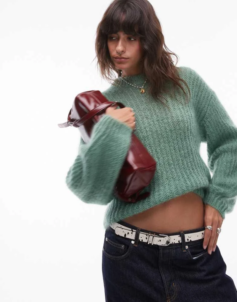 Topshop Topshop premium 70% mohair ribbed jumper in green 1
