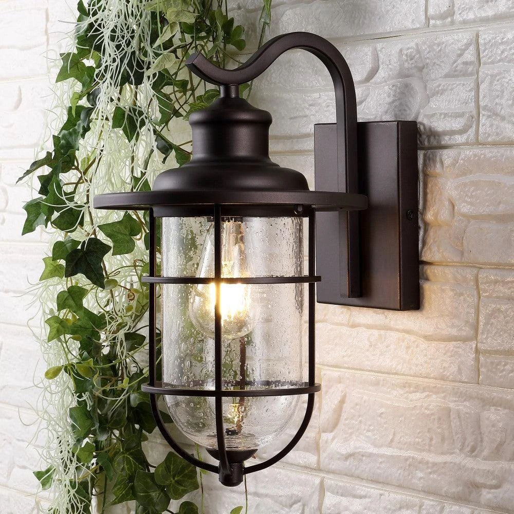 JONATHAN Y Westfield 10.5" 1-Light Iron/Seeded Glass Rustic Industrial Cage LED Outdoor Lantern 3