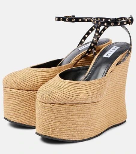 Alaïa LA leather-trimmed paper straw wedges 3