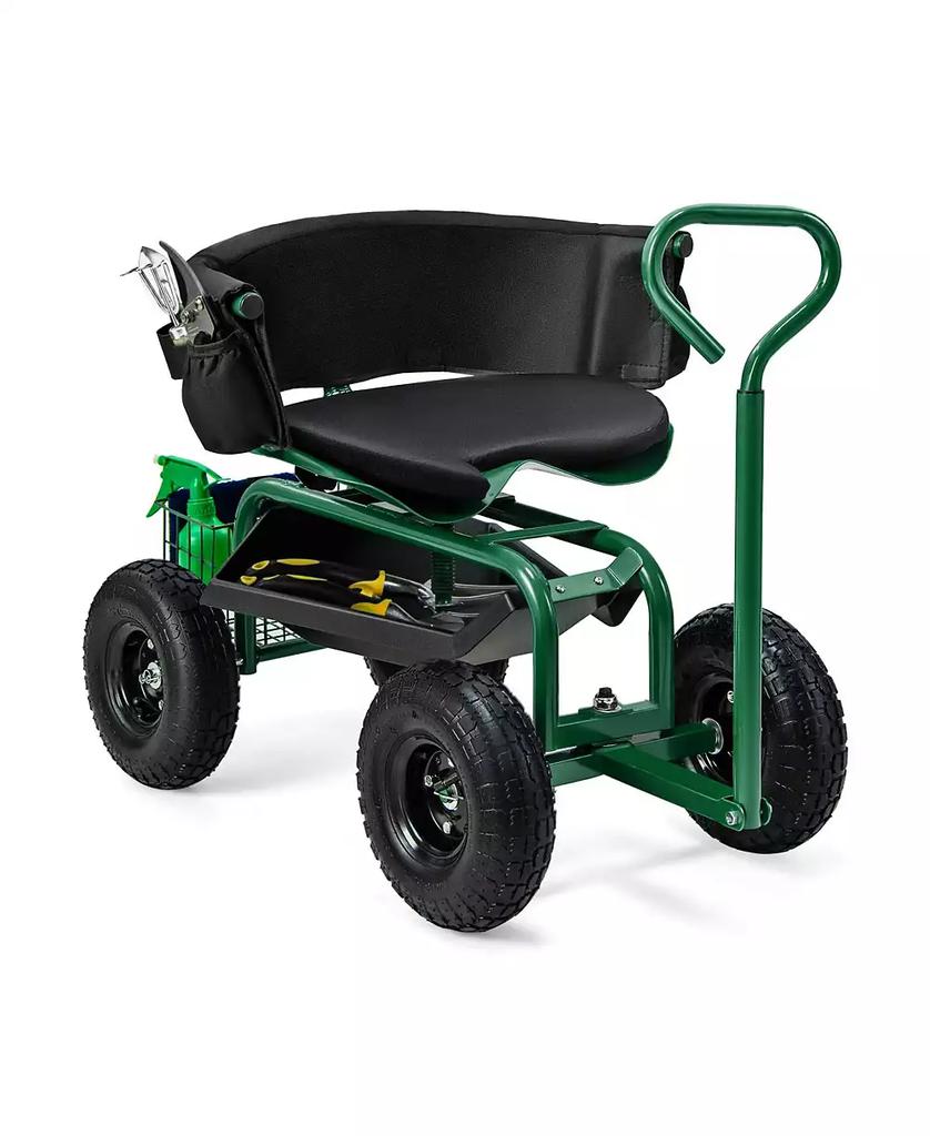 Ecooso Cushioned Rolling Garden Cart Scooter with Storage Basket and Tool Pouch