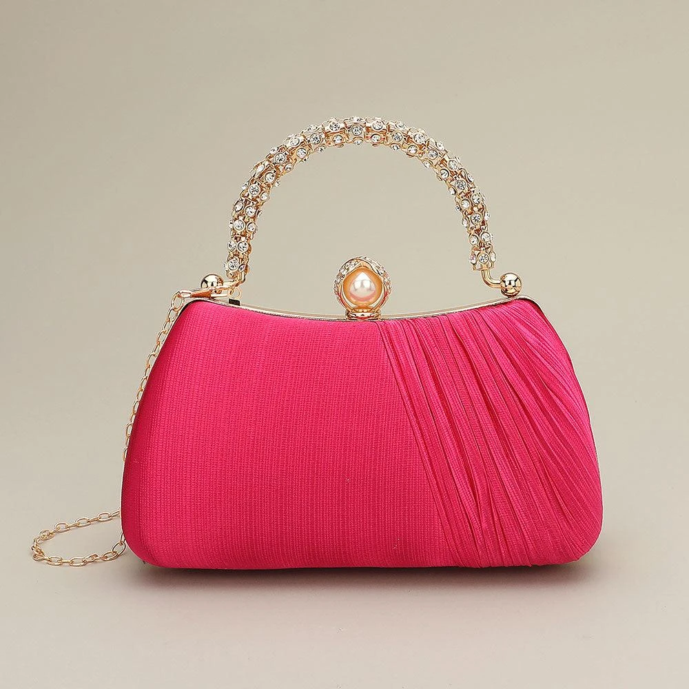 FASHNZFAB Rhinestone Embellished Handle Pearl Clasp Elegant Evening Clutch Crossbody Bag