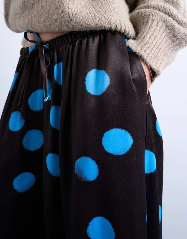 Topshop Topshop satin extreme wide leg trousers in blue and brown polka dot 5