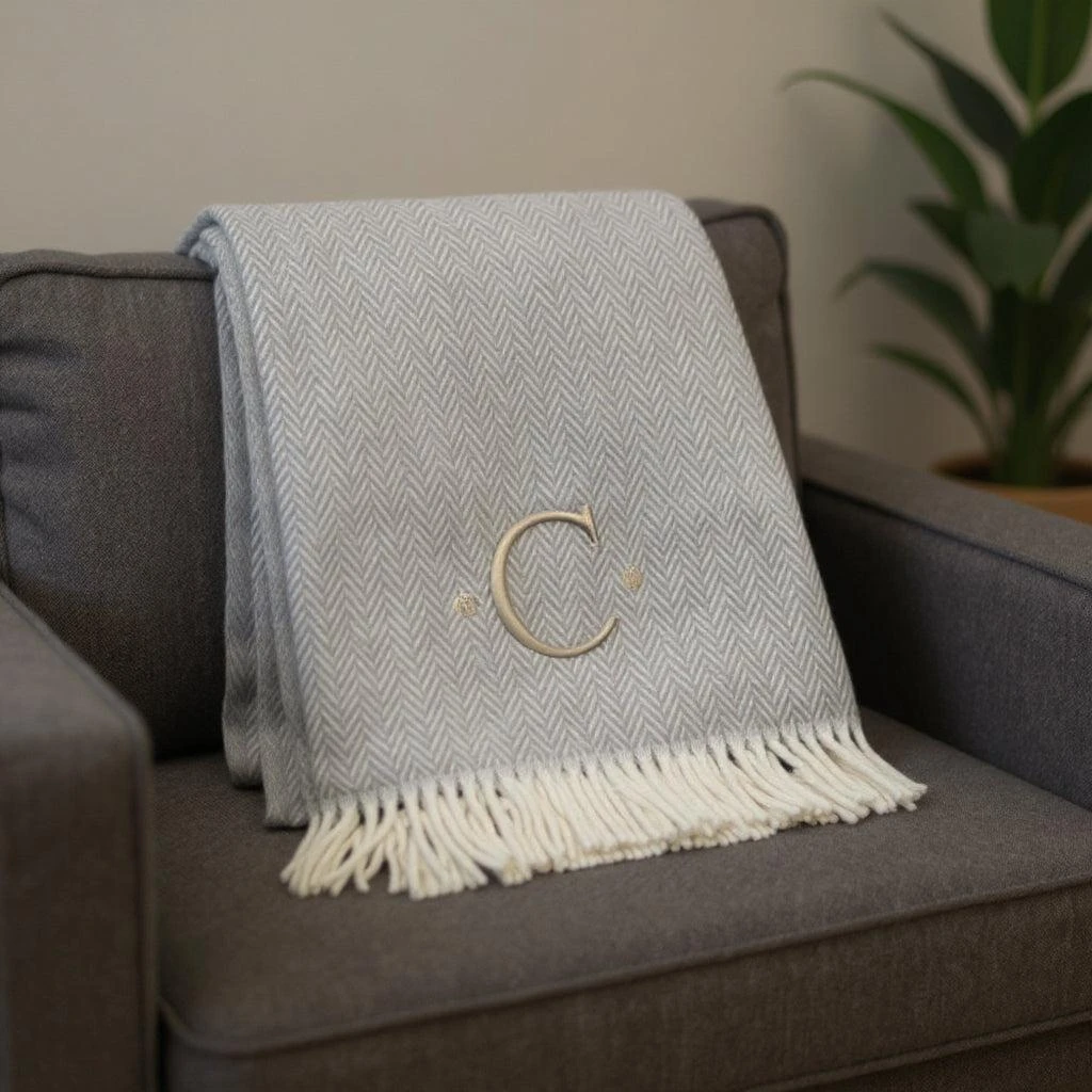 Hivvago 55" X 70" Gray And White Herringbone Cotton Blend C Initial Throw Blanket with Tassels And Embroidery 2