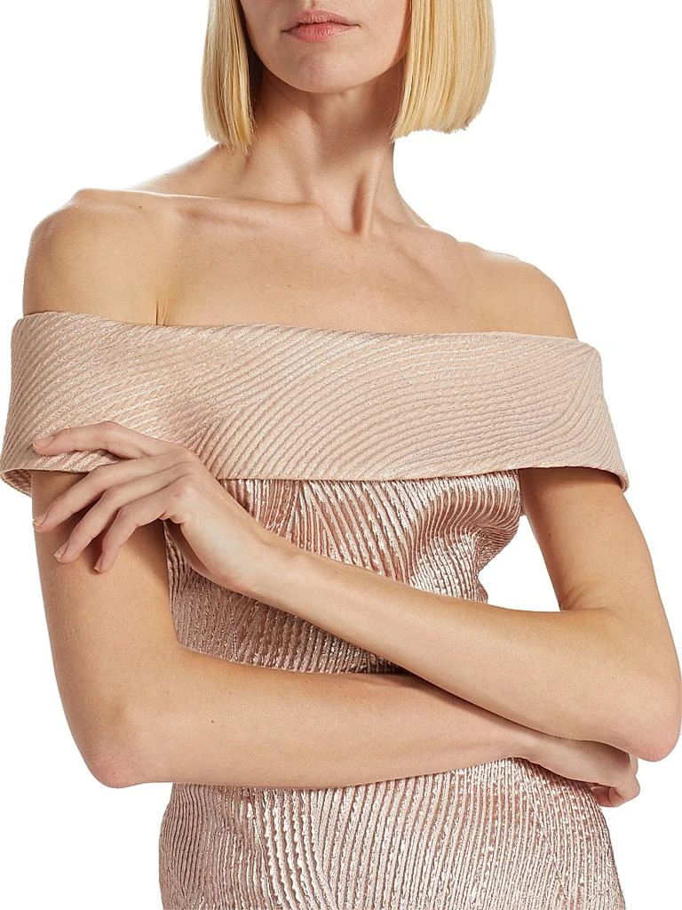 Teri Jon Metallic Off-The-Shoulder Wavy Rib-Knit Gown 6