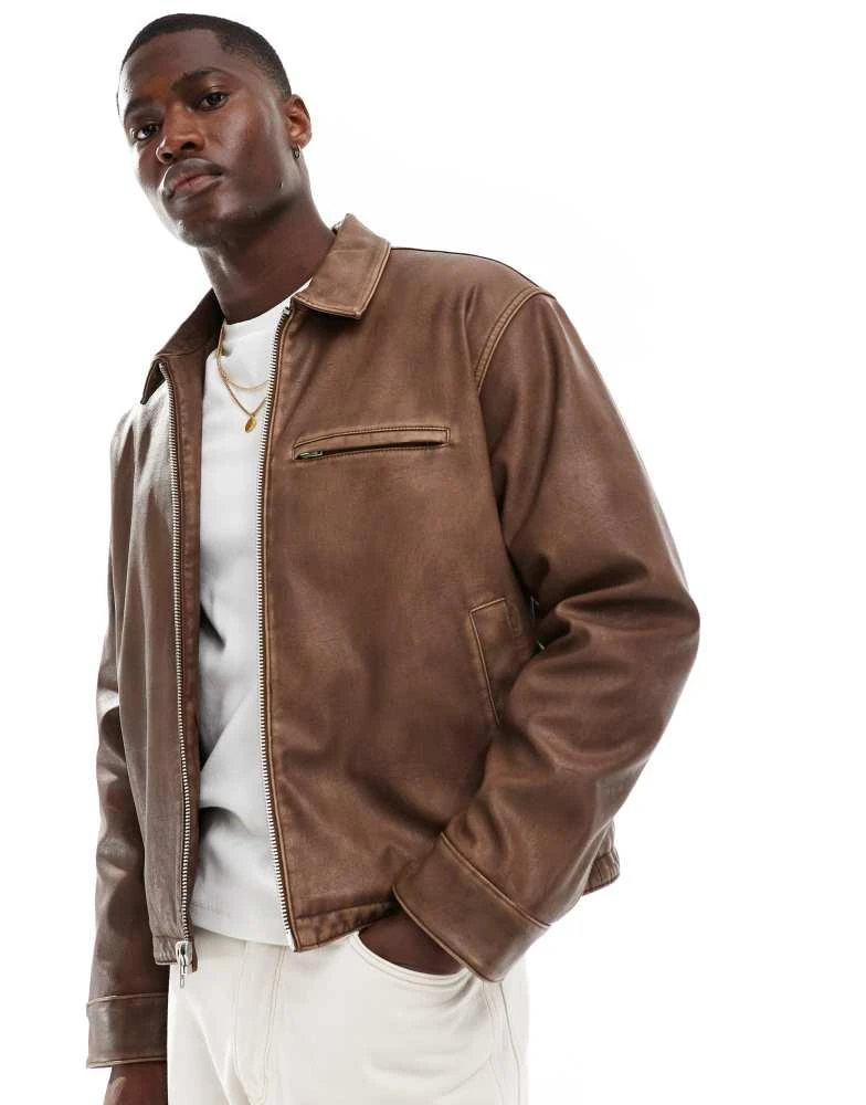 Abercrombie & Fitch Abercrombie & Fitch cropped zip front washed faux leather biker jacket in tan 1