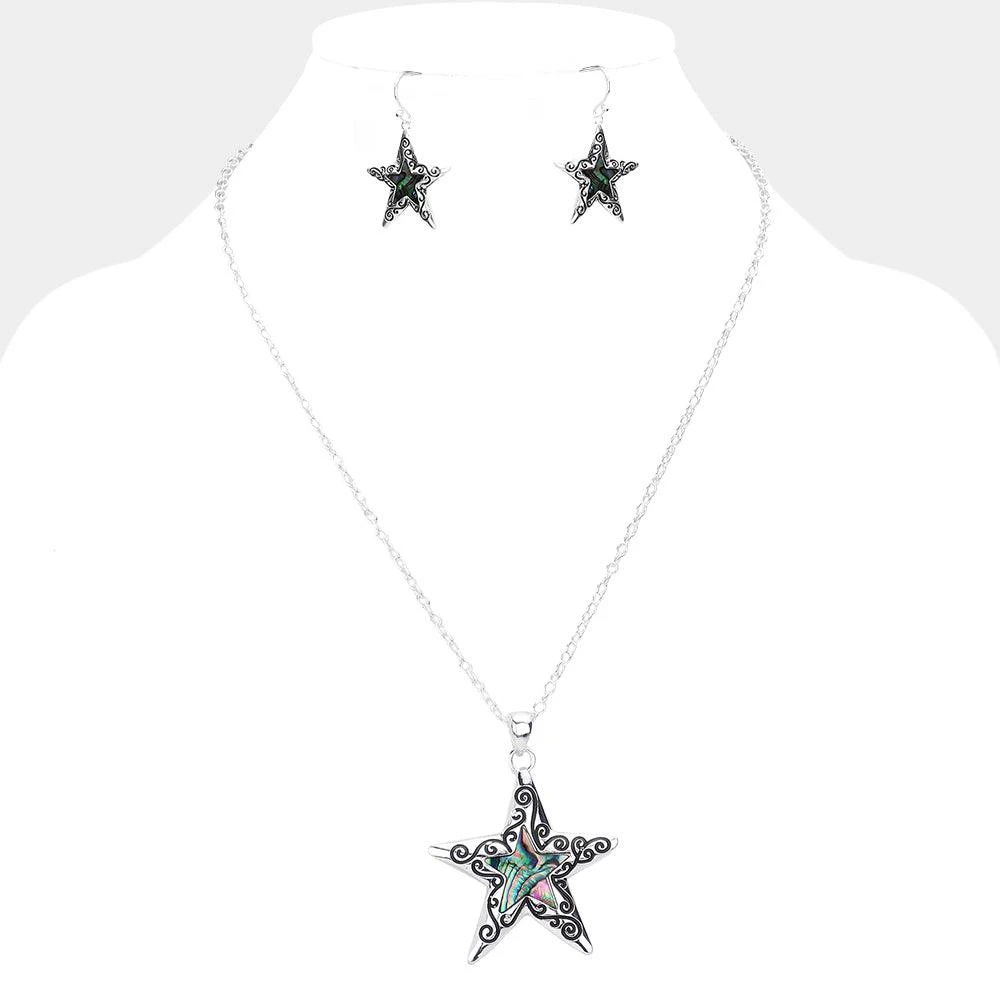 FASHNZFAB Antique Metal Abalone Starfish Pendant Necklace
