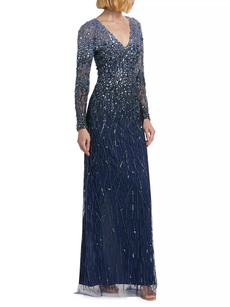 Pamella Roland Embellished Tulle V-Neck Column Gown
