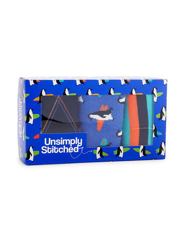 Unsimply Stitched 3-Pack Penguin Surfing Patterned Crew Socks