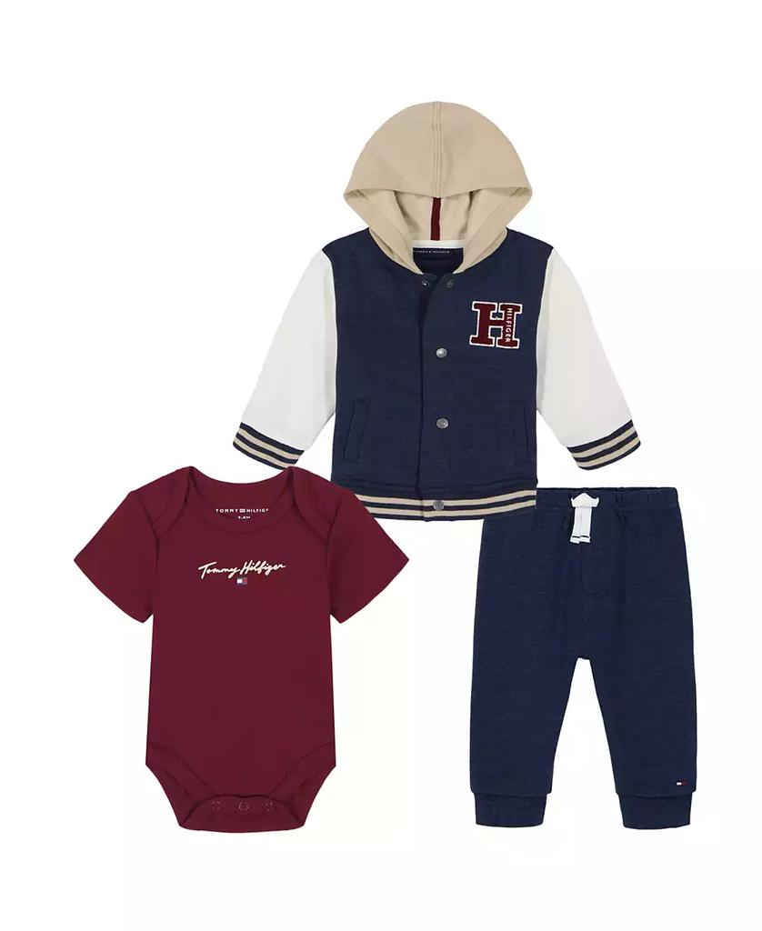 Tommy Hilfiger Baby Boy Fleece Hooded Baseball Jacket, Short Sleeve Bodysuit and Joggers 3-Piece Set